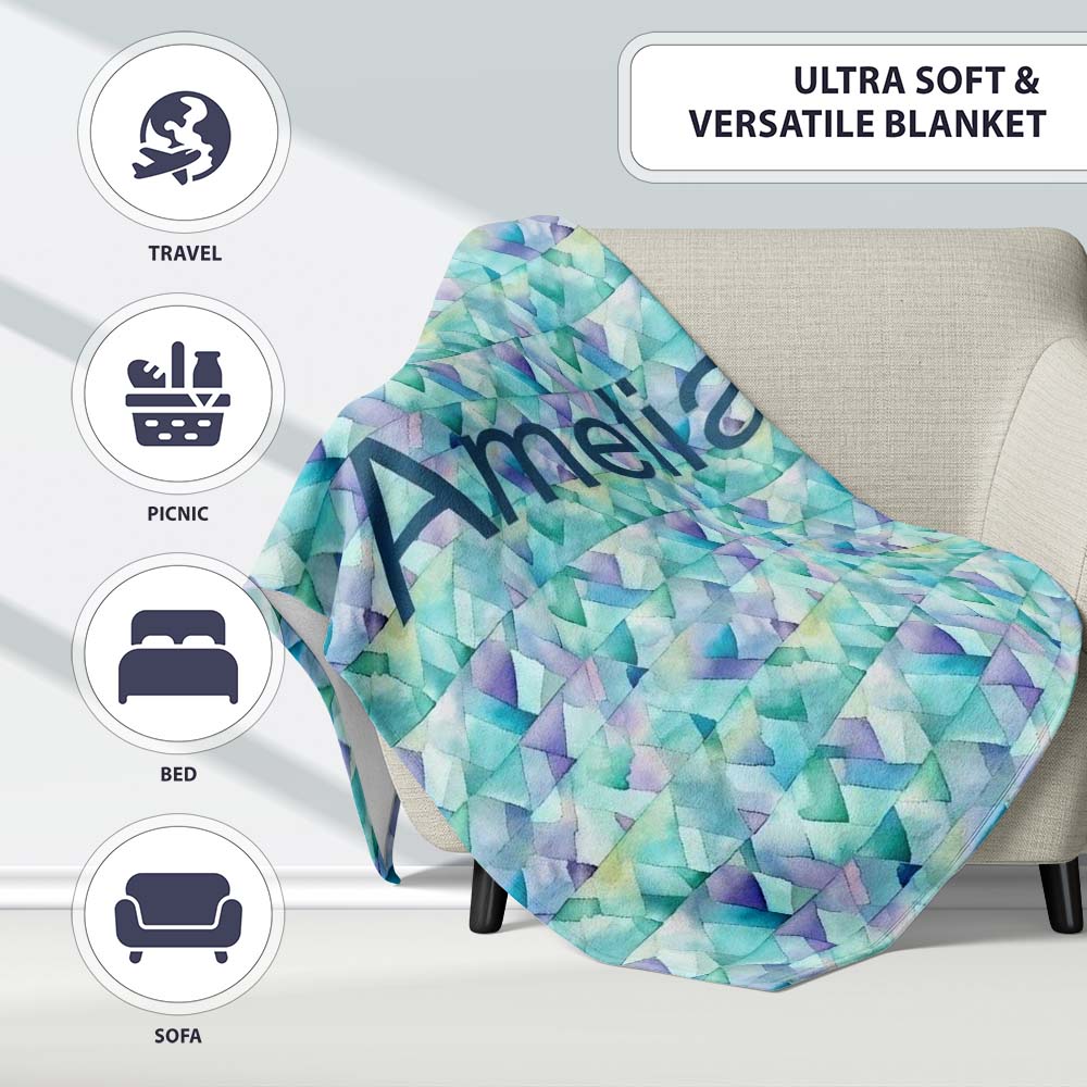 Modern Geometric Watercolor Shapes in Teal Purple Seamless Name Cute Personalised Custom Name Super Soft Fleece Blanket Bed Sofa Throw