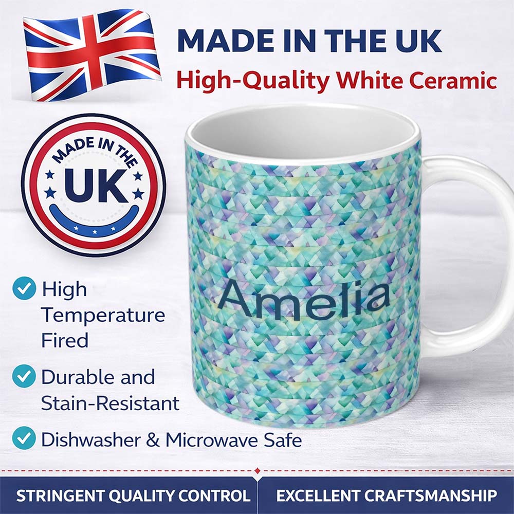 Personalized Custom Name Modern Geometric Watercolor Shapes in Teal Purple Seamless Name Cute 11oz Ceramic Coffee Tea Mug White Large Handle