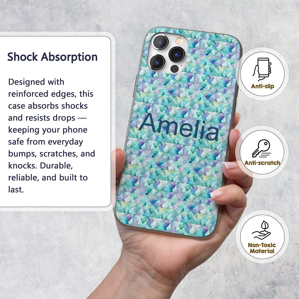 Modern Geometric Watercolor Shapes in Teal Purple Custom Name Protective Phone Case Mobile Cover Durable Everyday Smartphone Shock Resistant
