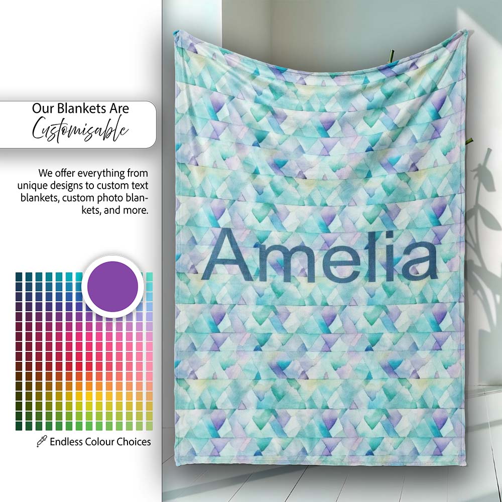 Modern Geometric Watercolor Shapes in Teal Purple Seamless Name Cute Personalised Custom Name Super Soft Fleece Blanket Bed Sofa Throw