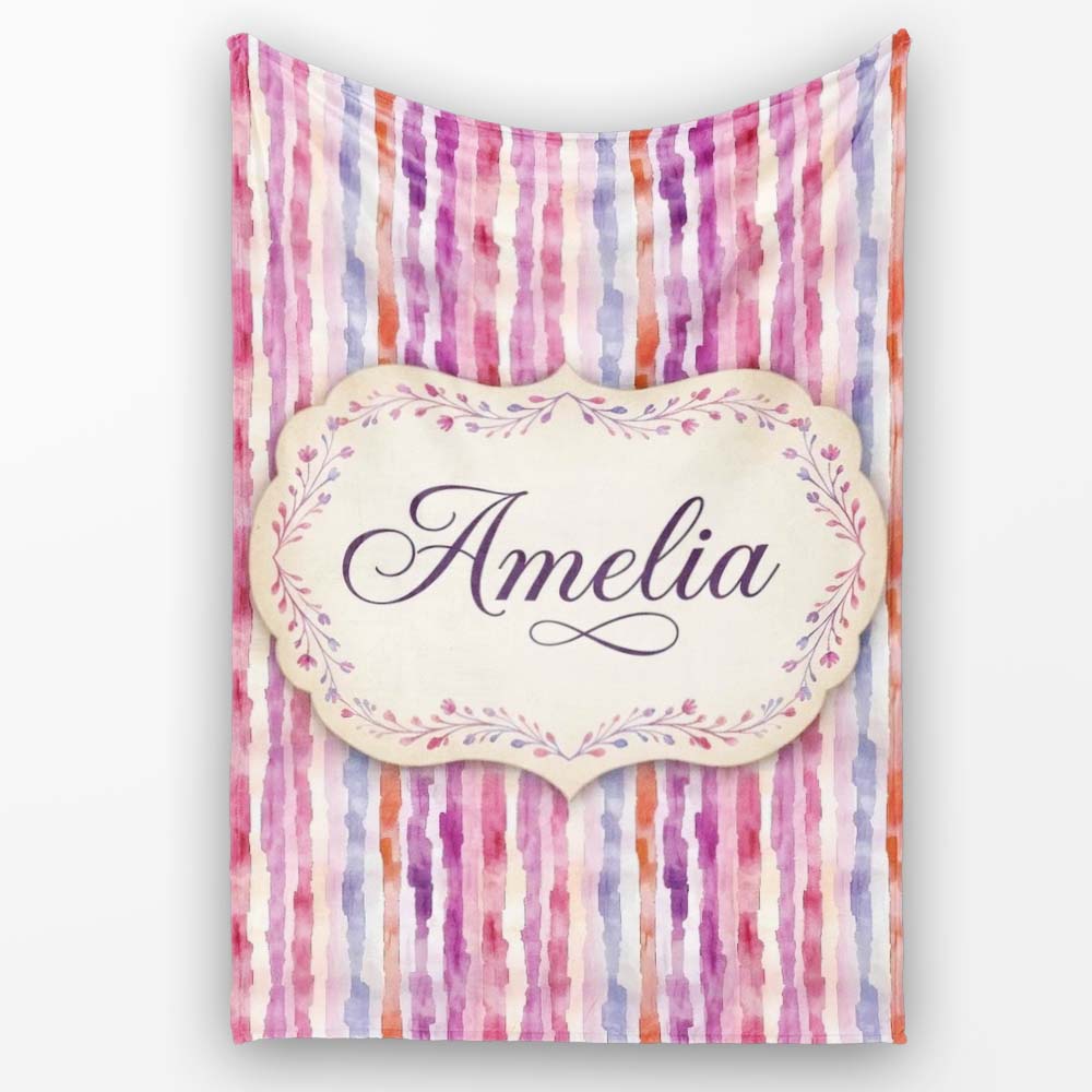 Soft Watercolor Vertical Stripes in Pink Purple Seamless Name Cute Personalised Custom Name Super Soft Fleece Blanket Bed Sofa Throw