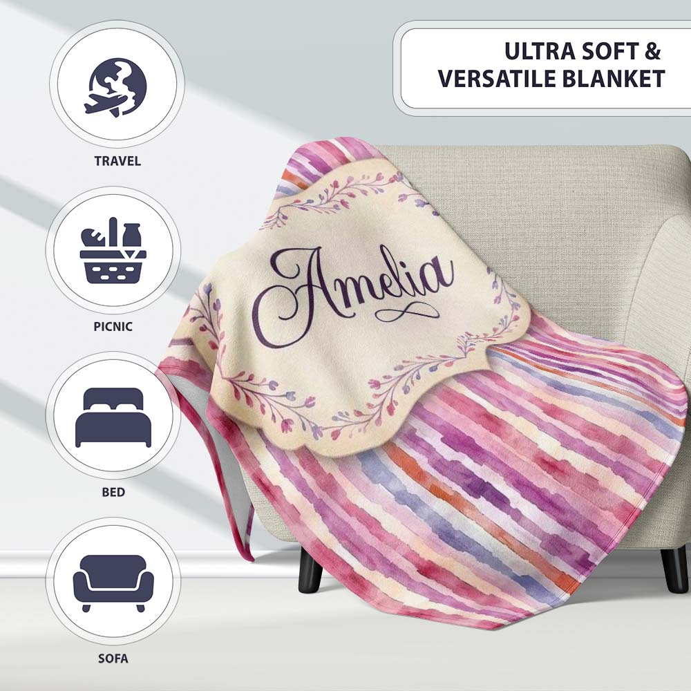 Soft Watercolor Vertical Stripes in Pink Purple Seamless Name Cute Personalised Custom Name Super Soft Fleece Blanket Bed Sofa Throw