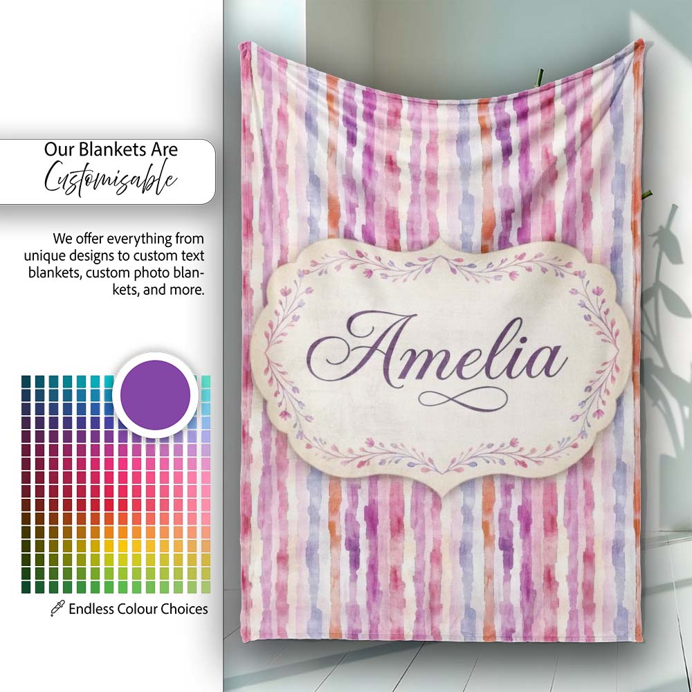 Soft Watercolor Vertical Stripes in Pink Purple Seamless Name Cute Personalised Custom Name Super Soft Fleece Blanket Bed Sofa Throw
