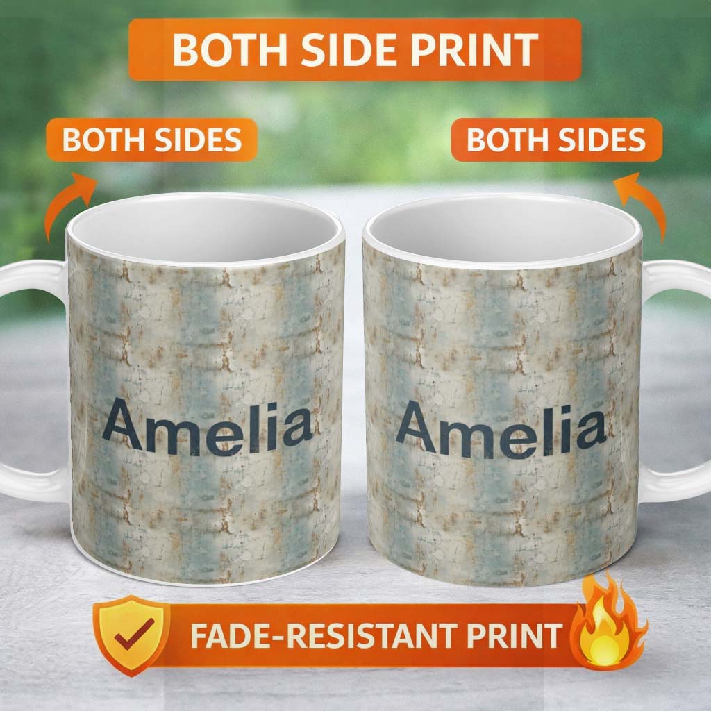 Personalized Custom Name Neutral Rustic Distressed Wall Texture Seamless Name Cute Unique 11oz Ceramic Coffee Tea Mug White Large Handle