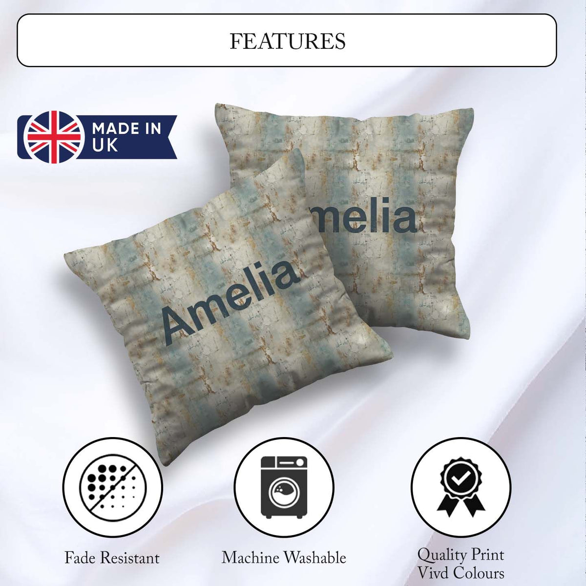 Custom Name Neutral Rustic Distressed Wall Texture Seamless Name Square Filled Cushion Throw Pillow Sofa Bed Home Decor Zip Washable UK Made
