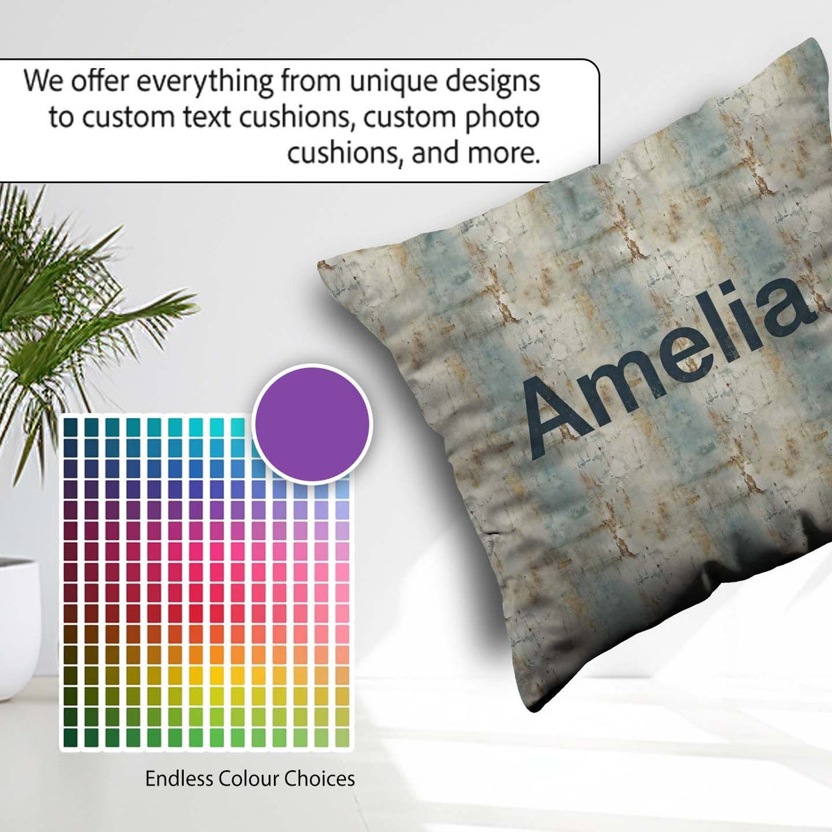 Custom Name Neutral Rustic Distressed Wall Texture Seamless Name Square Filled Cushion Throw Pillow Sofa Bed Home Decor Zip Washable UK Made