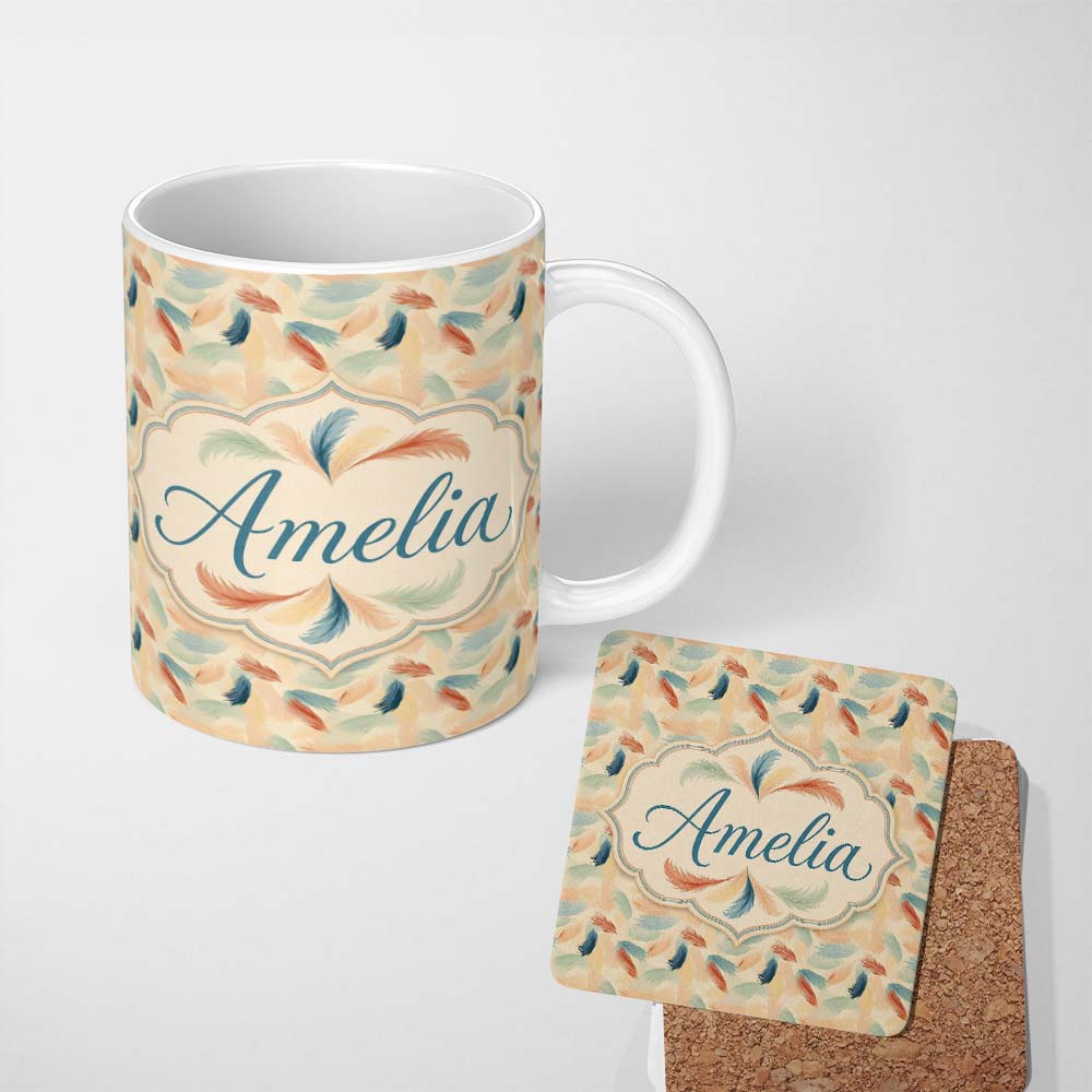 Personalized Custom Name Soft Feather Pattern in Pastel Tones Seamless Custom Name Cute 11oz Ceramic Coffee Tea Mug White Large Handle