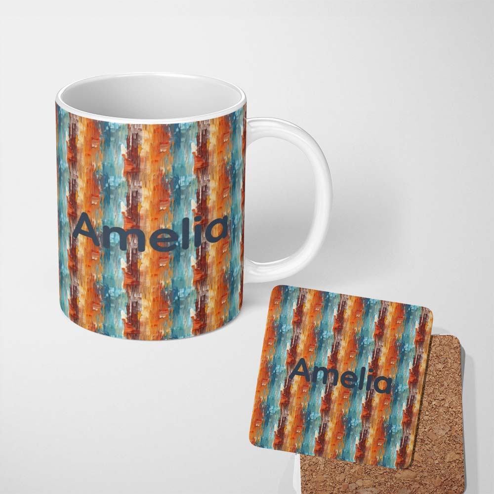 Personalized Custom Name Abstract Textured Brushstroke Pattern in Orange Blue Seamless Name 11oz Ceramic Coffee Tea Mug White Large Handle