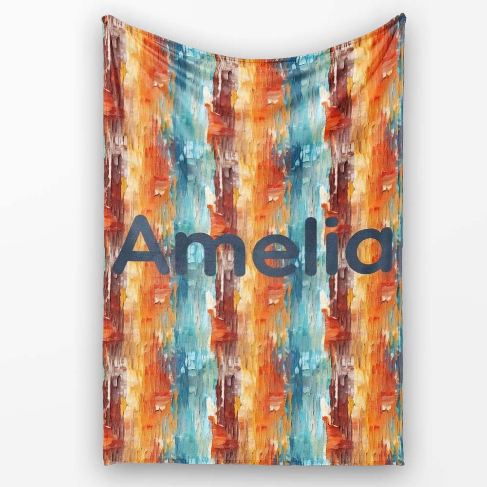 Abstract Textured Brushstroke Pattern in Orange Blue Seamless Name Personalised Custom Name Super Soft Fleece Blanket Bed Sofa Throw
