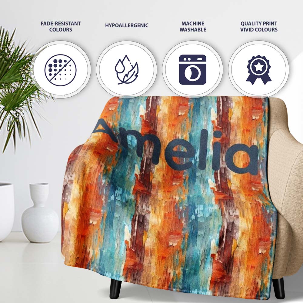 Abstract Textured Brushstroke Pattern in Orange Blue Seamless Name Personalised Custom Name Super Soft Fleece Blanket Bed Sofa Throw