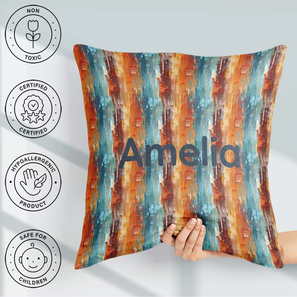 Custom Name Abstract Textured Brushstroke Pattern in Orange Blue Square Filled Cushion Throw Pillow Sofa Bed Home Decor Zip Washable UK Made