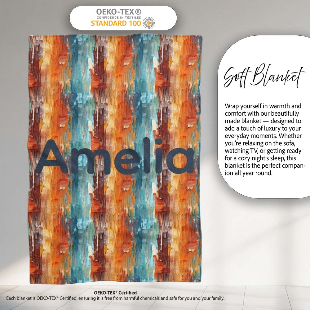 Abstract Textured Brushstroke Pattern in Orange Blue Seamless Name Personalised Custom Name Super Soft Fleece Blanket Bed Sofa Throw