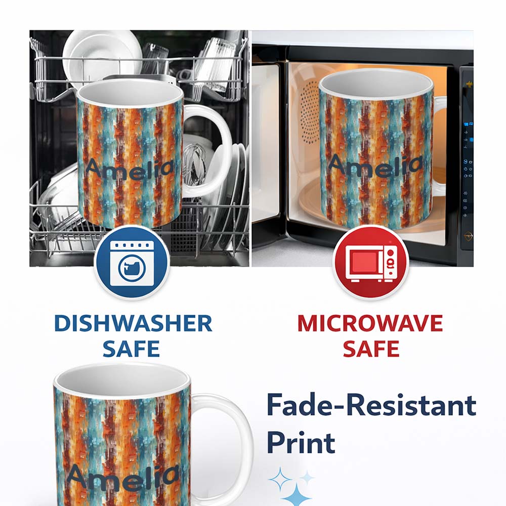 Personalized Custom Name Abstract Textured Brushstroke Pattern in Orange Blue Seamless Name 11oz Ceramic Coffee Tea Mug White Large Handle