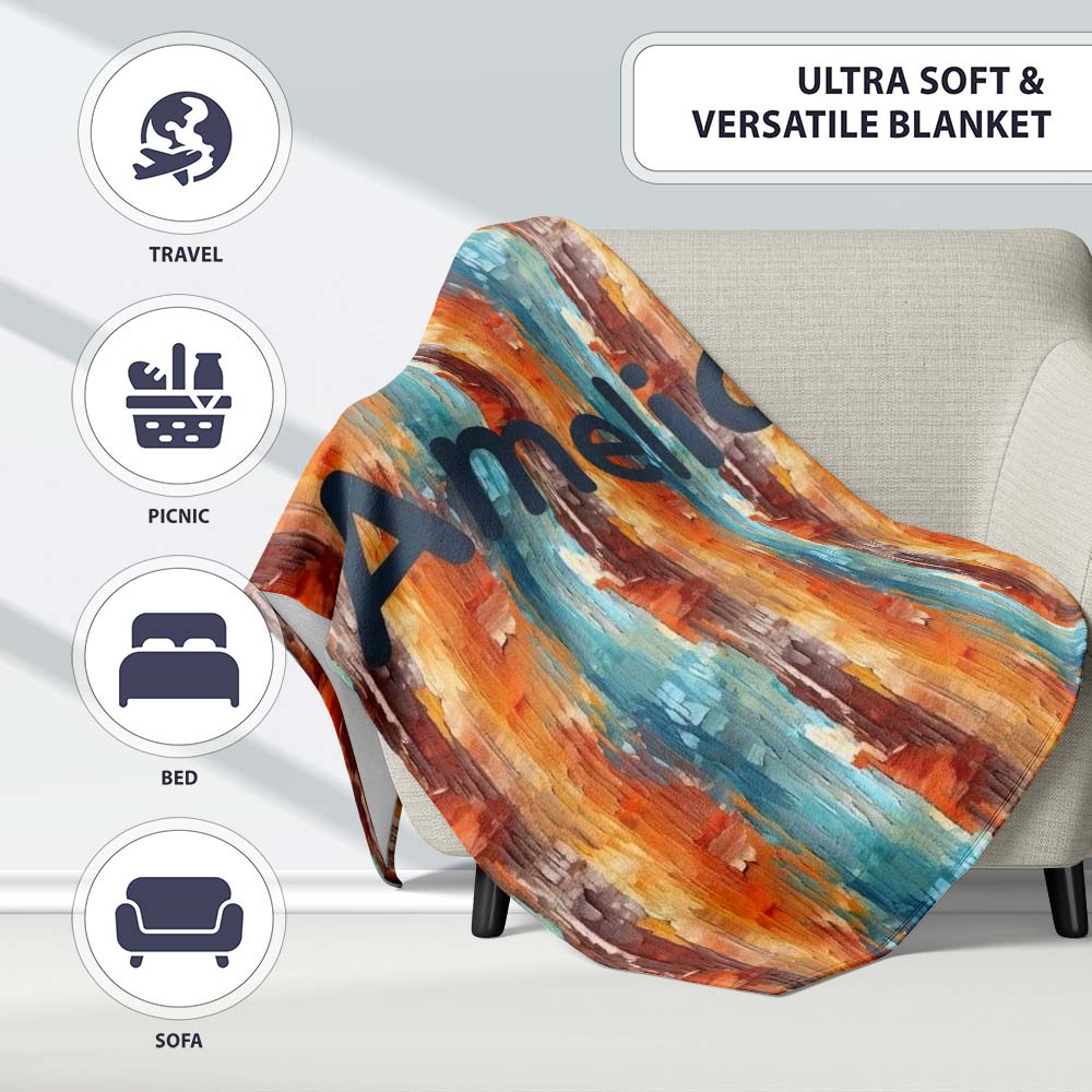 Abstract Textured Brushstroke Pattern in Orange Blue Seamless Name Personalised Custom Name Super Soft Fleece Blanket Bed Sofa Throw