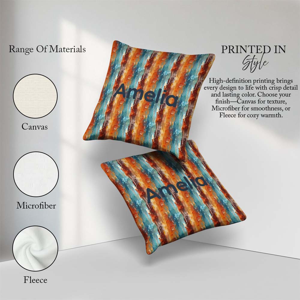 Custom Name Abstract Textured Brushstroke Pattern in Orange Blue Square Filled Cushion Throw Pillow Sofa Bed Home Decor Zip Washable UK Made
