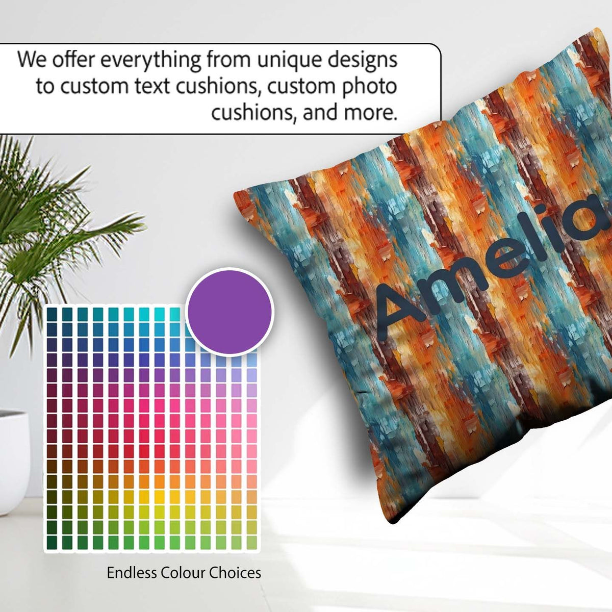 Custom Name Abstract Textured Brushstroke Pattern in Orange Blue Square Filled Cushion Throw Pillow Sofa Bed Home Decor Zip Washable UK Made