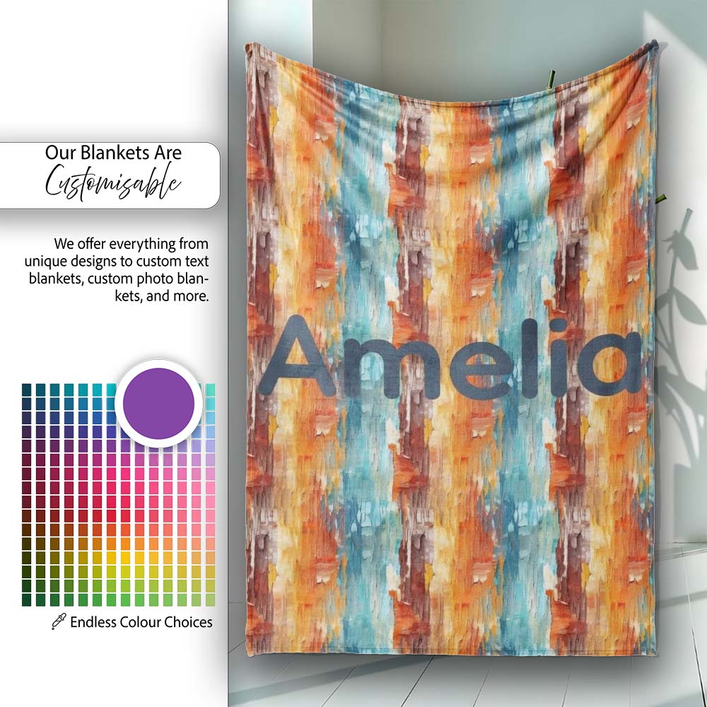 Abstract Textured Brushstroke Pattern in Orange Blue Seamless Name Personalised Custom Name Super Soft Fleece Blanket Bed Sofa Throw