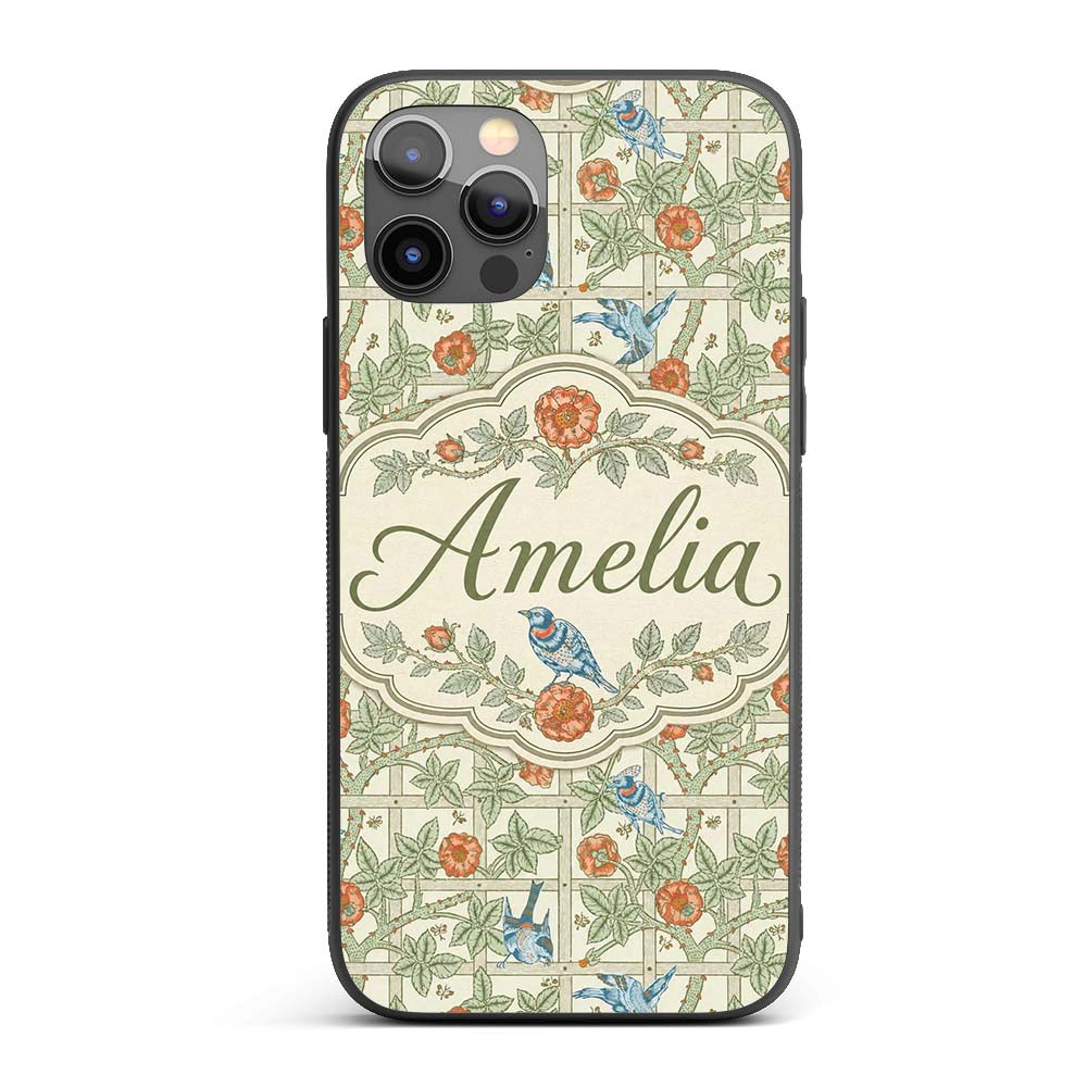 Vintage Birds and Roses Trellis Garden Pattern Custom Name Protective Phone Case Mobile Cover Durable Everyday Smartphone Shock Resistant