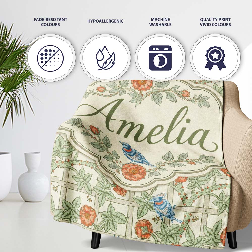 Vintage Birds and Roses Trellis Garden Pattern Seamless Name Cute Personalised Custom Name Super Soft Fleece Blanket Bed Sofa Throw