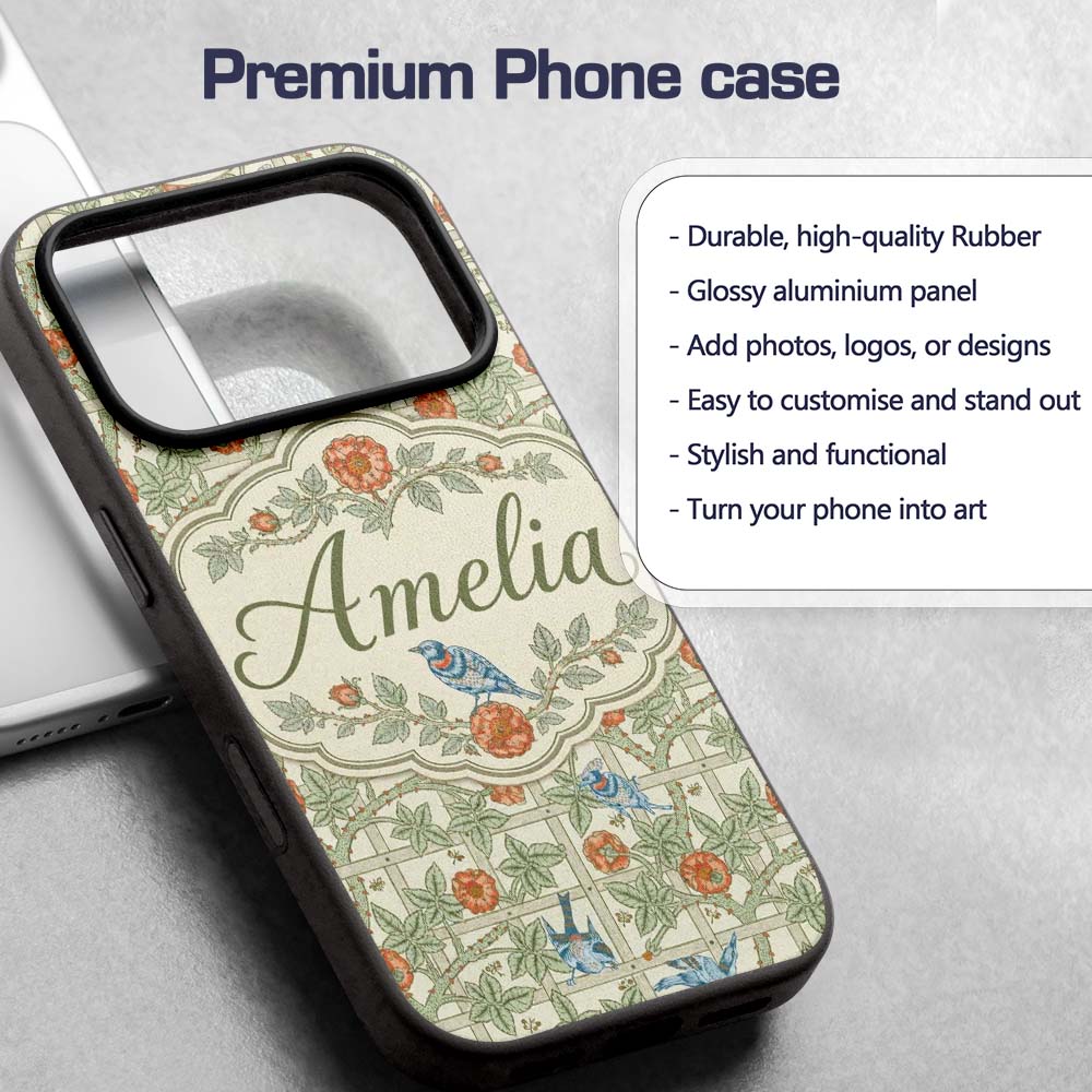 Vintage Birds and Roses Trellis Garden Pattern Custom Name Protective Phone Case Mobile Cover Durable Everyday Smartphone Shock Resistant