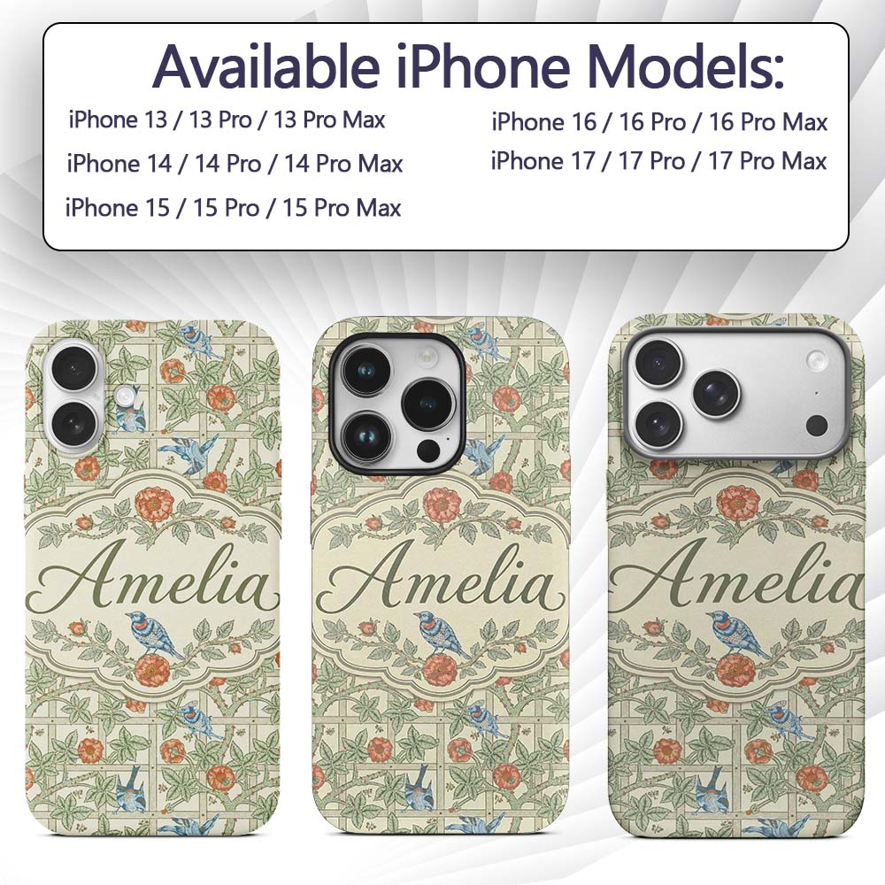 Vintage Birds and Roses Trellis Garden Pattern Custom Name Protective Phone Case Mobile Cover Durable Everyday Smartphone Shock Resistant
