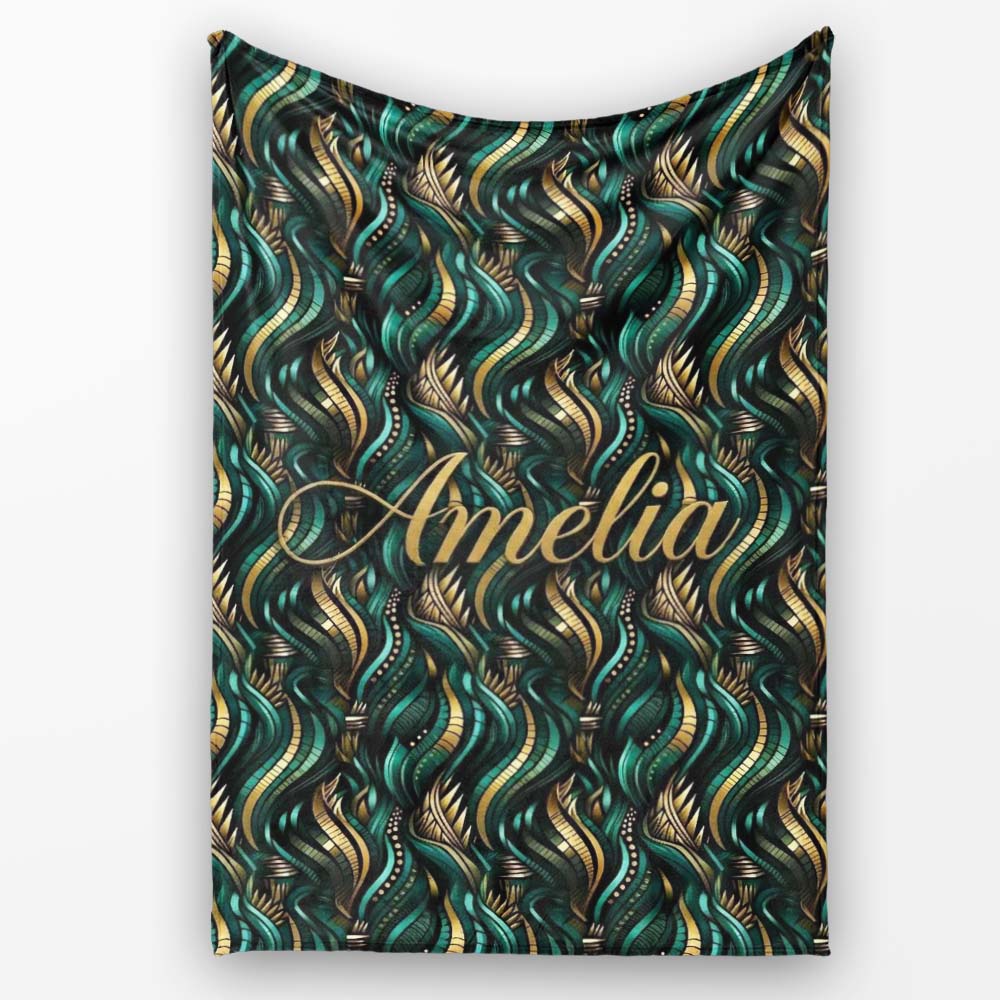 Luxury Art Deco Gold Teal Abstract Wave Pattern Seamless Name Cute Personalised Custom Name Super Soft Fleece Blanket Bed Sofa Throw