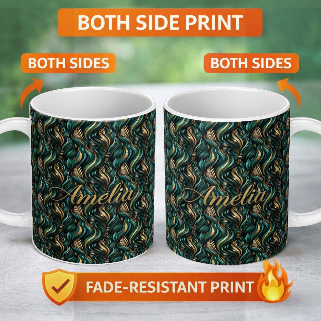 Personalized Custom Name Luxury Art Deco Gold Teal Abstract Wave Pattern Seamless Name Cute 11oz Ceramic Coffee Tea Mug White Large Handle