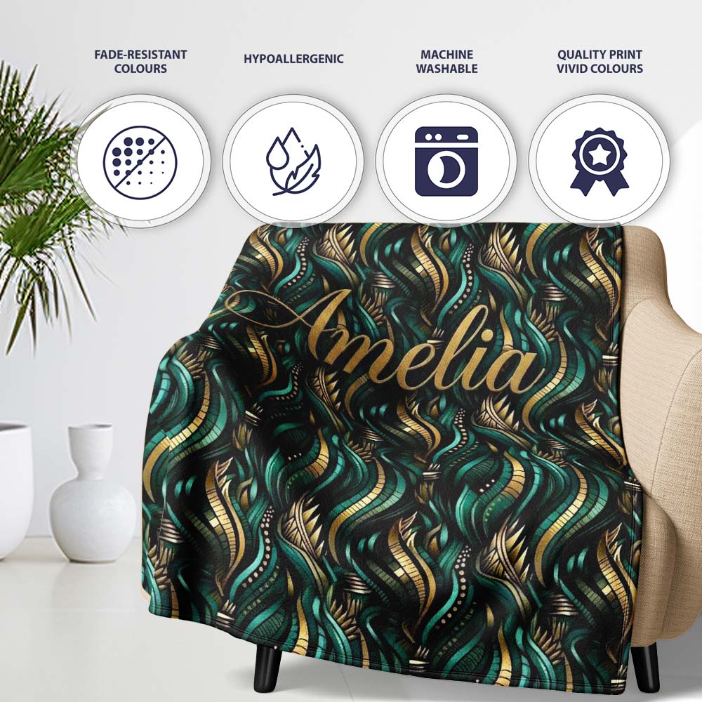 Luxury Art Deco Gold Teal Abstract Wave Pattern Seamless Name Cute Personalised Custom Name Super Soft Fleece Blanket Bed Sofa Throw