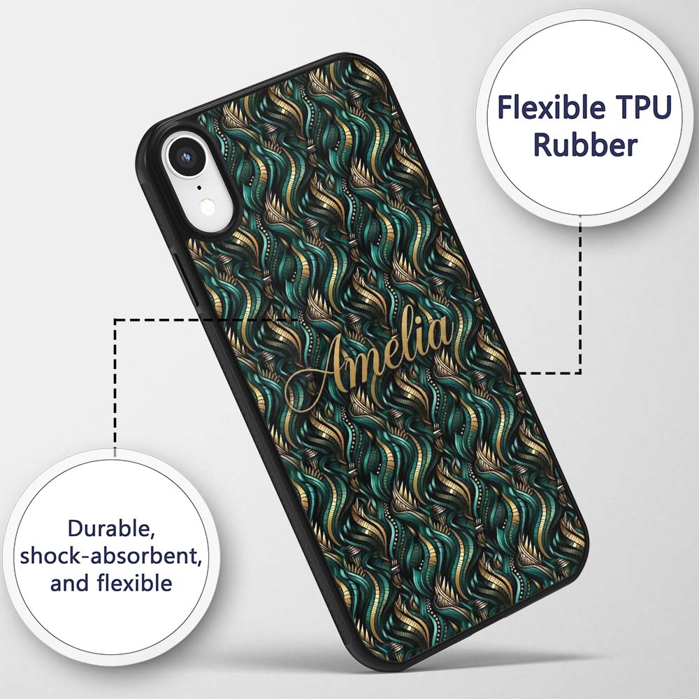 Luxury Art Deco Gold Teal Abstract Wave Pattern Custom Name Protective Phone Case Mobile Cover Durable Everyday Smartphone Shock Resistant