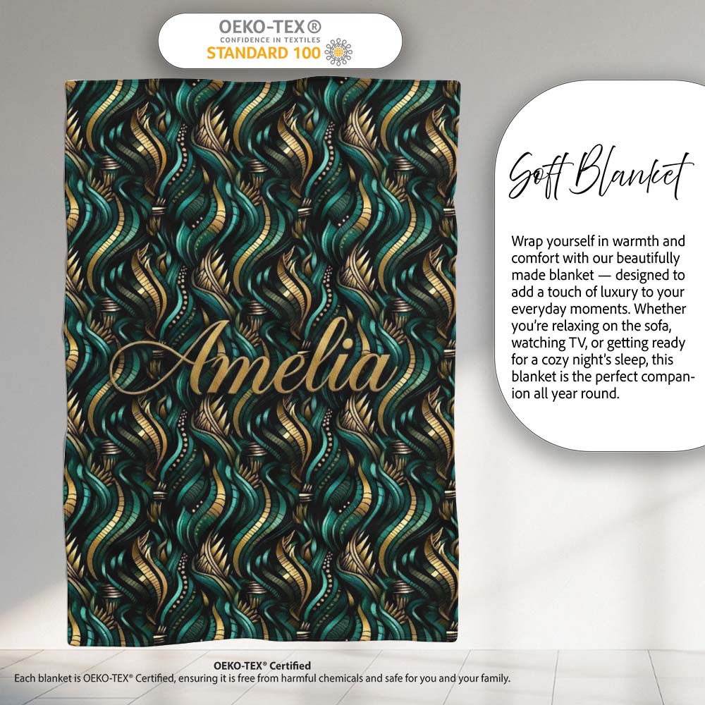 Luxury Art Deco Gold Teal Abstract Wave Pattern Seamless Name Cute Personalised Custom Name Super Soft Fleece Blanket Bed Sofa Throw