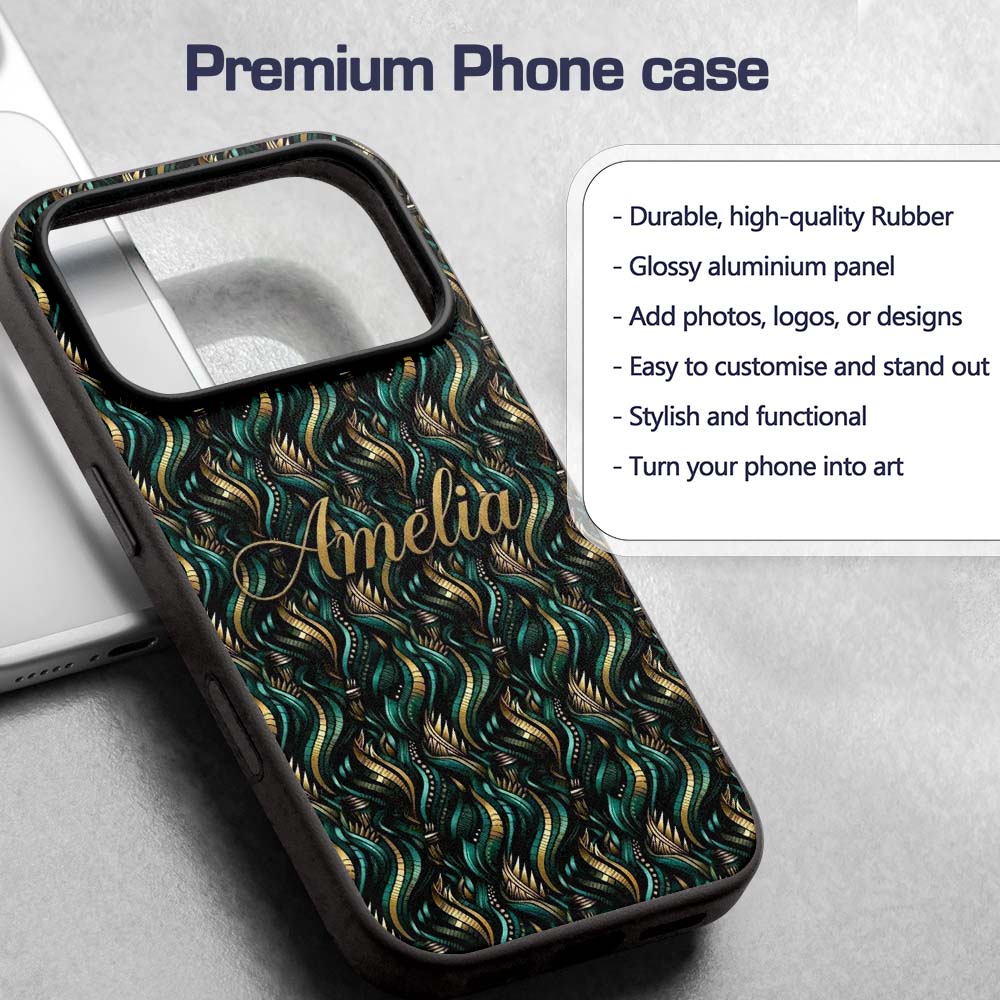 Luxury Art Deco Gold Teal Abstract Wave Pattern Custom Name Protective Phone Case Mobile Cover Durable Everyday Smartphone Shock Resistant