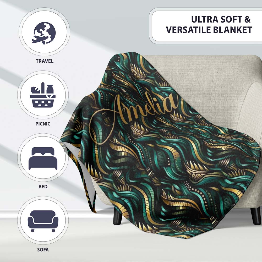 Luxury Art Deco Gold Teal Abstract Wave Pattern Seamless Name Cute Personalised Custom Name Super Soft Fleece Blanket Bed Sofa Throw