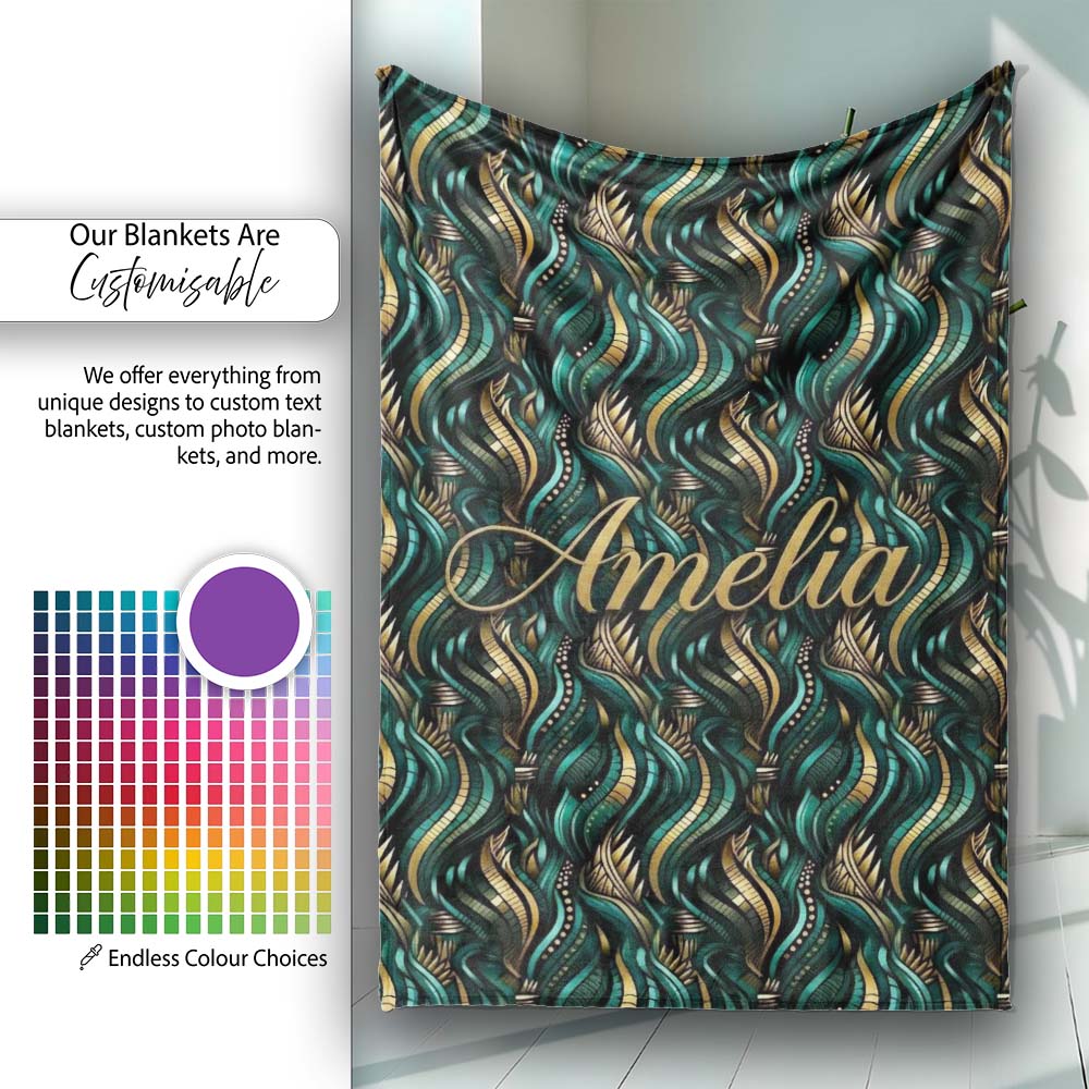 Luxury Art Deco Gold Teal Abstract Wave Pattern Seamless Name Cute Personalised Custom Name Super Soft Fleece Blanket Bed Sofa Throw