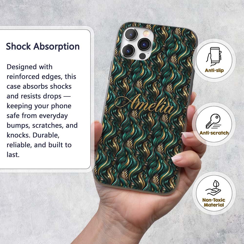 Luxury Art Deco Gold Teal Abstract Wave Pattern Custom Name Protective Phone Case Mobile Cover Durable Everyday Smartphone Shock Resistant