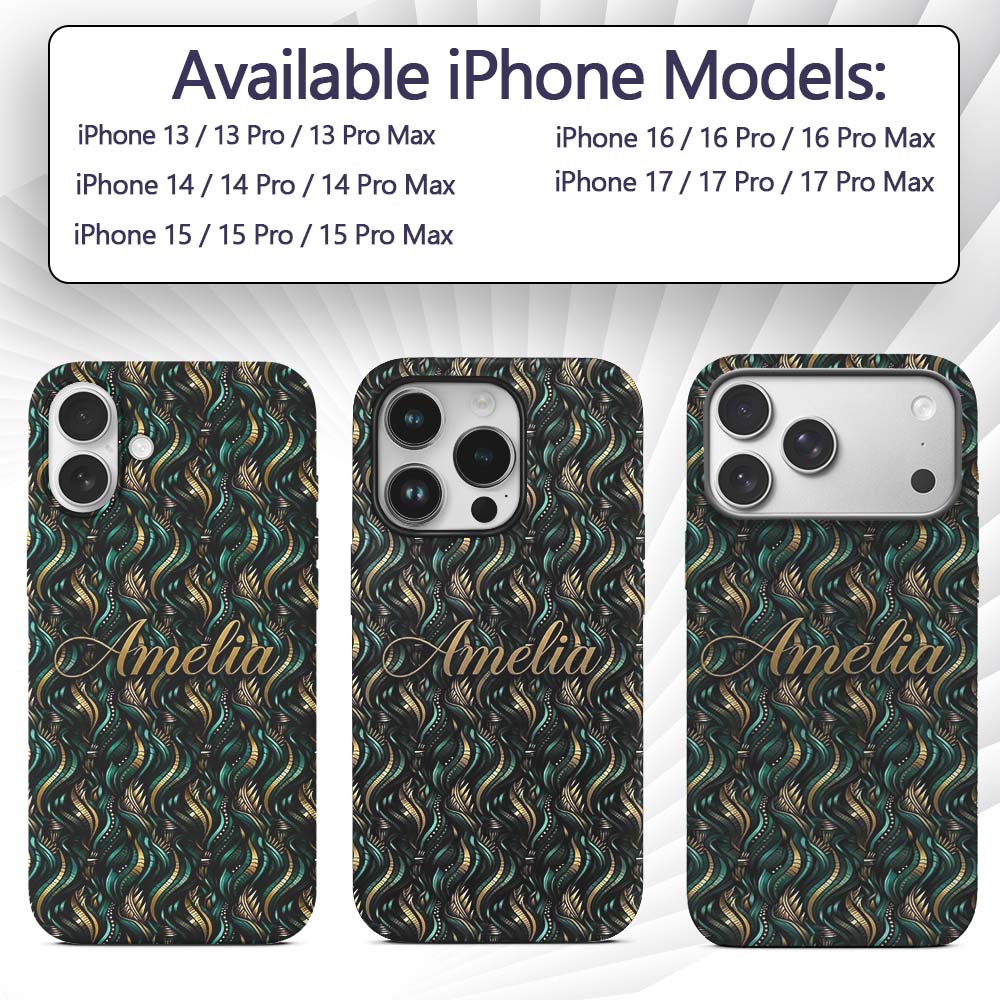 Luxury Art Deco Gold Teal Abstract Wave Pattern Custom Name Protective Phone Case Mobile Cover Durable Everyday Smartphone Shock Resistant