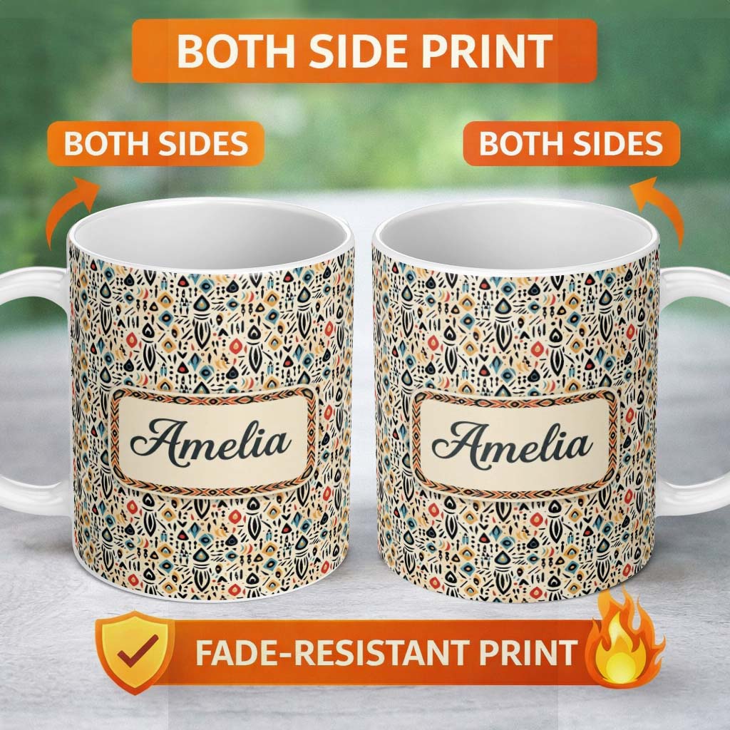 Personalized Custom Name Modern Abstract Tribal Shapes Pattern on Cream Seamless Name Cute 11oz Ceramic Coffee Tea Mug White Large Handle