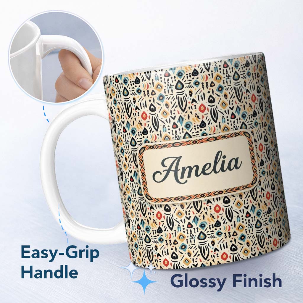 Personalized Custom Name Modern Abstract Tribal Shapes Pattern on Cream Seamless Name Cute 11oz Ceramic Coffee Tea Mug White Large Handle