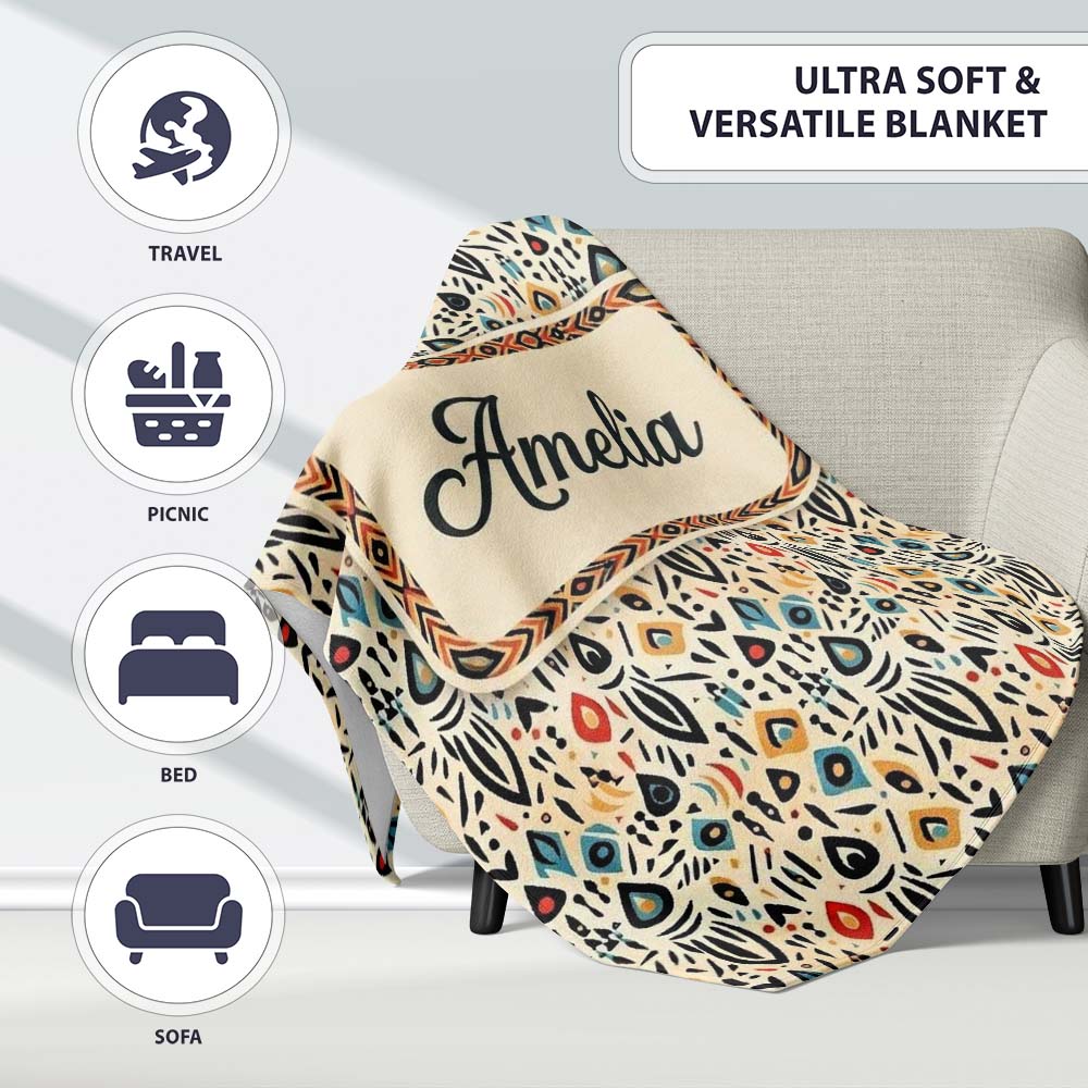 Modern Abstract Tribal Shapes Pattern on Cream Seamless Name Cute Personalised Custom Name Super Soft Fleece Blanket Bed Sofa Throw