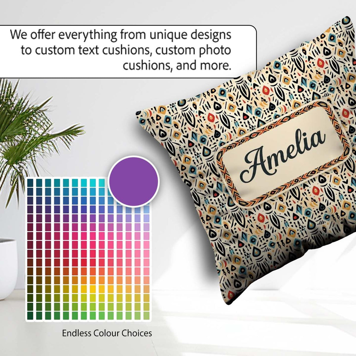 Custom Name Modern Abstract Tribal Shapes on Cream Seamless Name Square Filled Cushion Throw Pillow Sofa Bed Home Decor Zip Washable UK Made