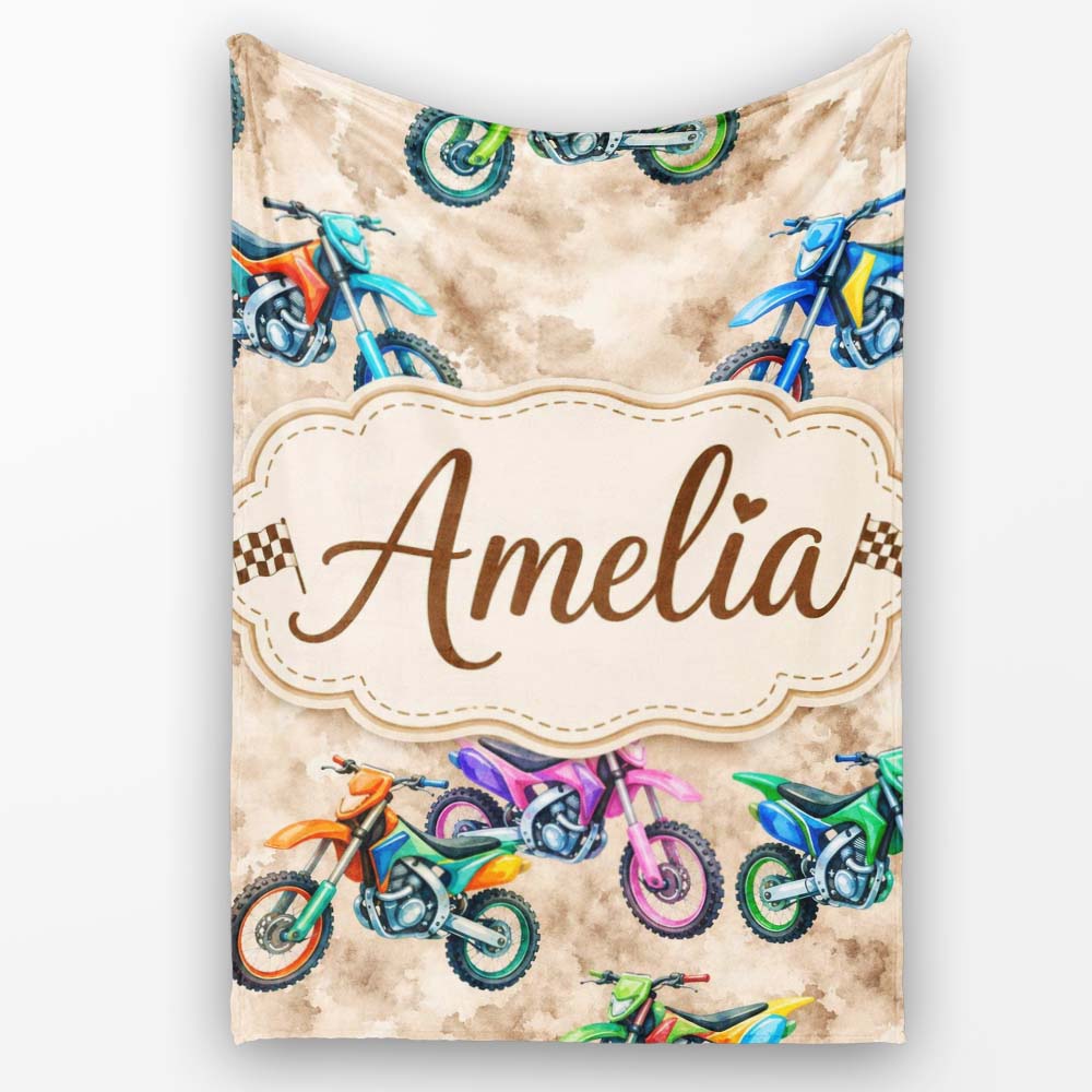 Colorful Kids Dirt Bike Motocross Seamless Pattern on Beige Lovely Personalised Custom Name Super Soft Fleece Blanket Bed Sofa Throw
