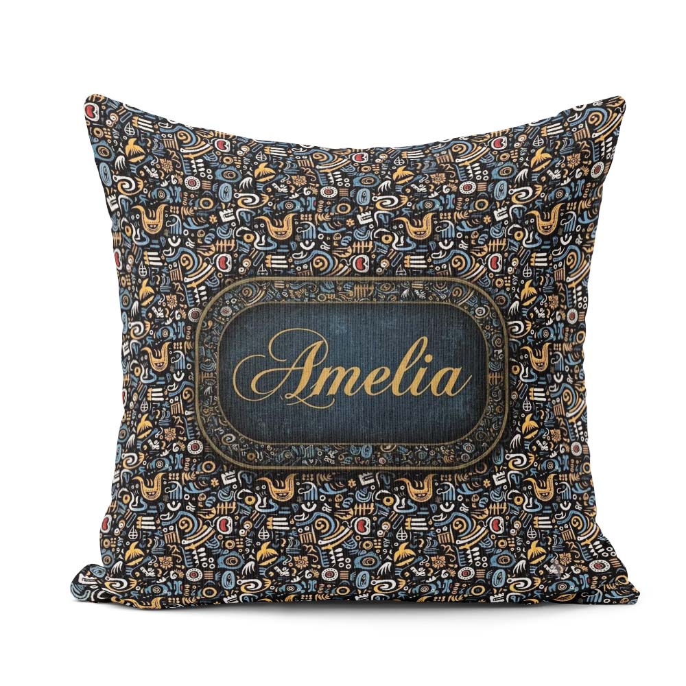 Custom Name Dark Abstract Doodle Icons with Yellow Blue Seamless Square Filled Cushion Throw Pillow Sofa Bed Home Decor Zip Washable UK Made