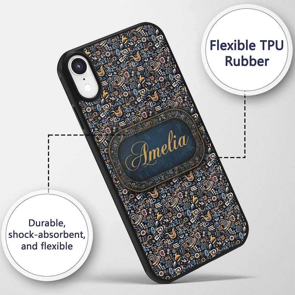 Dark Abstract Doodle Icons Pattern with Yellow Custom Name Protective Phone Case Mobile Cover Durable Everyday Smartphone Shock Resistant