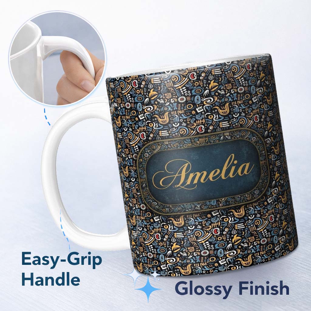 Personalized Custom Name Dark Abstract Doodle Icons Pattern with Yellow Blue Seamless Name 11oz Ceramic Coffee Tea Mug White Large Handle