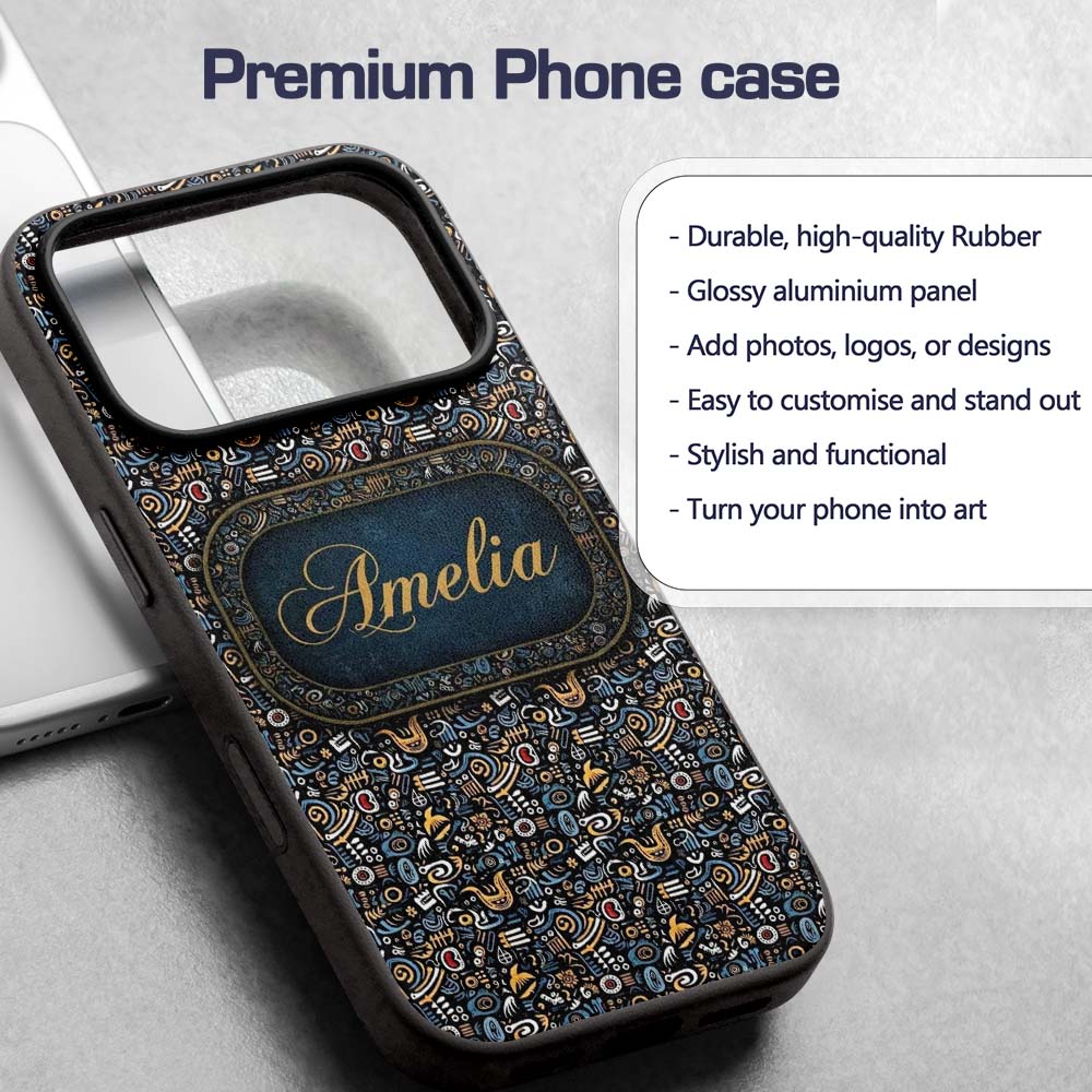 Dark Abstract Doodle Icons Pattern with Yellow Custom Name Protective Phone Case Mobile Cover Durable Everyday Smartphone Shock Resistant