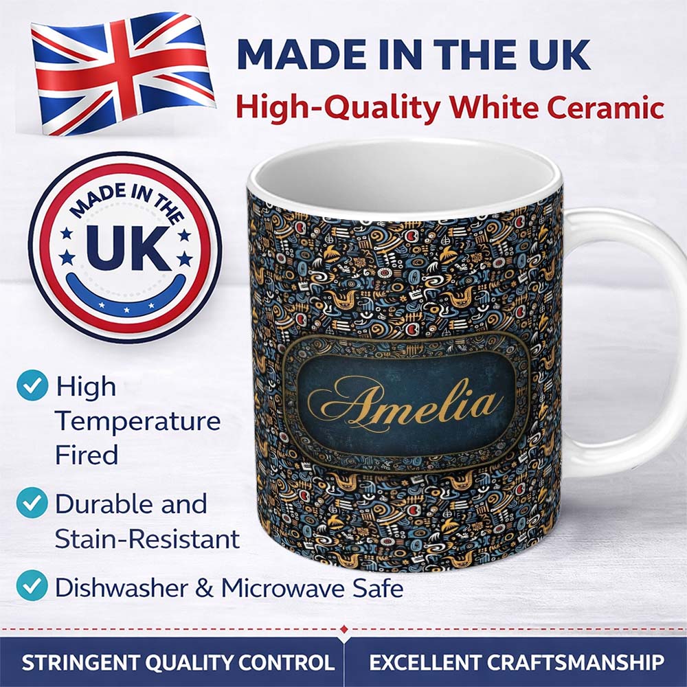 Personalized Custom Name Dark Abstract Doodle Icons Pattern with Yellow Blue Seamless Name 11oz Ceramic Coffee Tea Mug White Large Handle