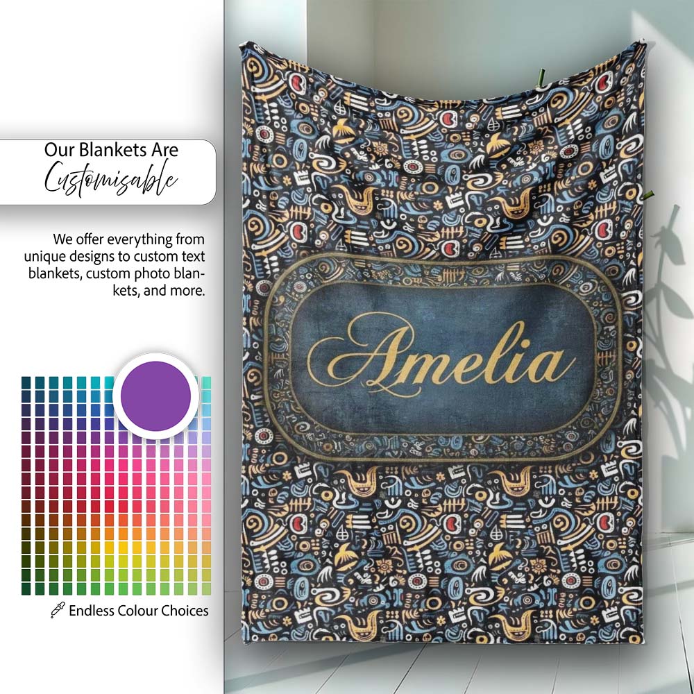Dark Abstract Doodle Icons Pattern with Yellow Blue Seamless Name Personalised Custom Name Super Soft Fleece Blanket Bed Sofa Throw