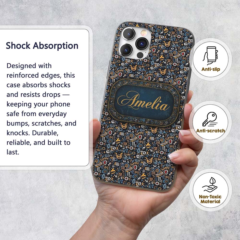 Dark Abstract Doodle Icons Pattern with Yellow Custom Name Protective Phone Case Mobile Cover Durable Everyday Smartphone Shock Resistant