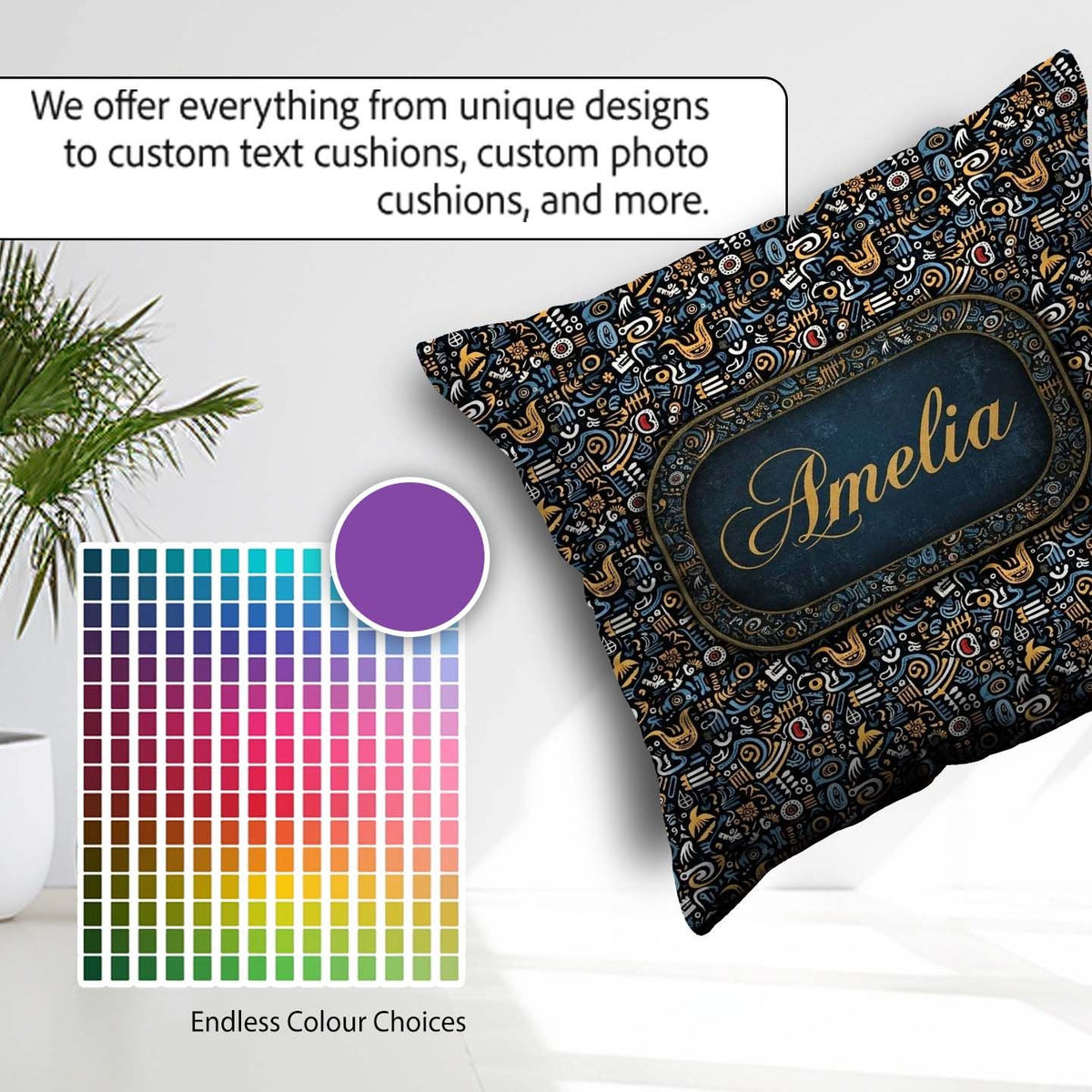 Custom Name Dark Abstract Doodle Icons with Yellow Blue Seamless Square Filled Cushion Throw Pillow Sofa Bed Home Decor Zip Washable UK Made