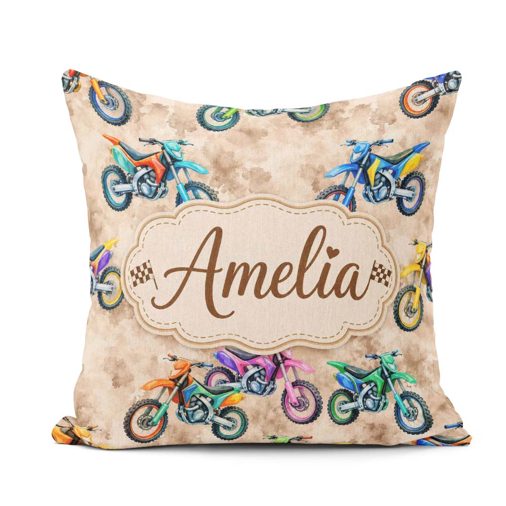 Custom Name Colorful Kids Dirt Bike Motocross Seamless on Beige Square Filled Cushion Throw Pillow Sofa Bed Home Decor Zip Washable UK Made