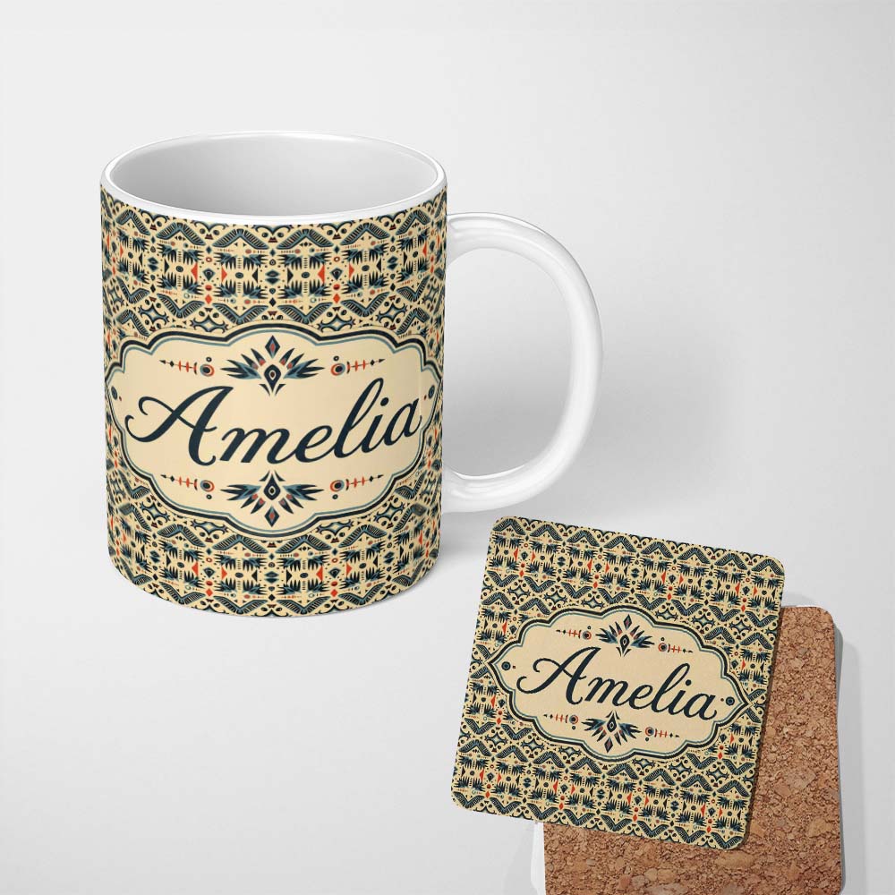 Personalized Custom Name Geometric Ethnic Tribal Pattern in Neutral Tones Seamless Custom 11oz Ceramic Coffee Tea Mug White Large Handle